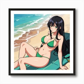 Anime Girl In Green Bikini Sitting On The Beach Art Print