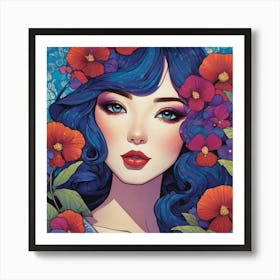 Blue Haired Girl With Flowers 1 Art Print