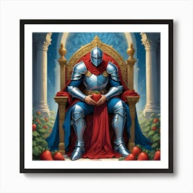 A Knight In Armor Is Sitting On A Throne, Holding A Strawberry In His Hands Art Print