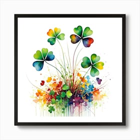 Clover Plant Silhouette Of A Clover Plant Created From Abstract Multi Colored Shapes White Ba(1) Art Print