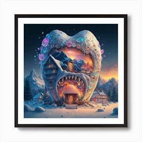 , a house in the shape of giant teeth made of crystal with neon lights and various flowers 14 Art Print