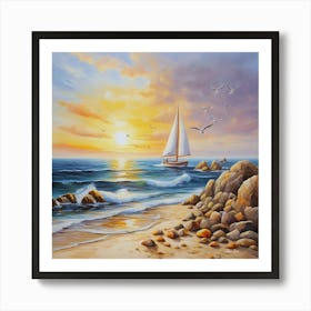 Oil painting design on canvas. Sandy beach rocks. Waves. Sailboat. Seagulls. The sun before sunset.44 Art Print