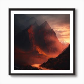 Mountains Fog at sunset Art Print