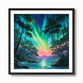 Enchanted Forest Under the Northern Lights at Twilight Art Print