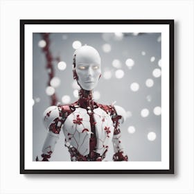 Porcelain And Hammered Matt Red Android Marionette Showing Cracked Inner Working, Tiny White Flowers (4) Art Print
