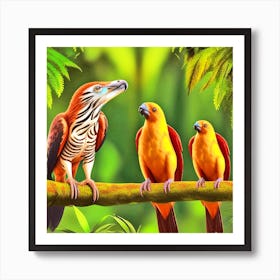 Three Parrots Perched On A Branch Art Print