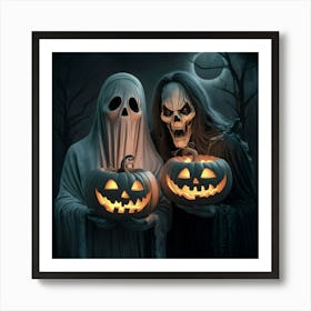 A Spooky Halloween Couple With Pumpkin Carved Faces Art Print