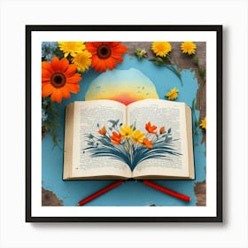 An open book with spring flowers growing inside it Art Print