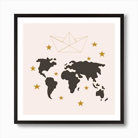 Paper Boat And World Map Square Art Print