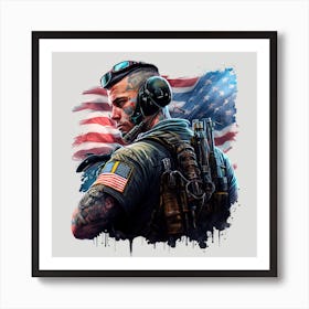 Soldier In Front Of The American Flag Art Print