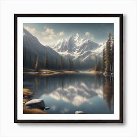 A Serene Mountain Lake Reflecting The Snow Capped Peaks Art Print