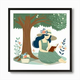 Girl Reading A Book Under A Tree, Vector Style Art Print