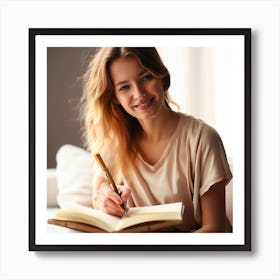 Nena Writing! Happy Young Woman Writing In Notebook Art Print