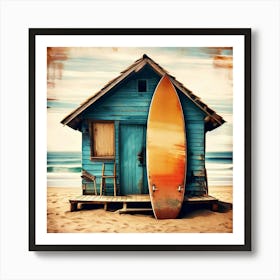 Beach House With Surfboard Art Print