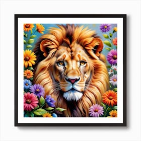 Wild Harmony: Lions Embraced By Nature's Floral Symphony Art Print
