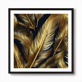 Gold Feathers On Black Background Art Print