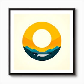 Title: "Solar Zenith: The Day's Vibrant Peak"  Description: "Solar Zenith" is a modern graphic depiction of the sun at its highest point, embodying the full vibrance and energy of midday. The artwork features a bold, circular sun in vivid shades of yellow and orange, cradling the sharp peaks of mountains and the calm expanse of a lake below. The use of crisp lines and flat colors lends a contemporary feel to the timeless scene, while the central white space suggests the intense luminosity of the sun. This piece is a celebration of daylight in its most potent form, perfect for bringing a sense of brightness and dynamism to any living or working space. Art Print
