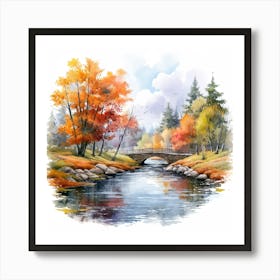 Watercolor Autumn Bridge Art Print