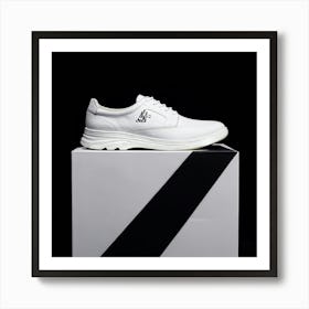 White Shoe With Elegant Design Strategically Positioned Off Center On A Bold Black Canvas Backgroun Art Print