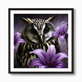 Owl With Purple Flowers 7 Art Print