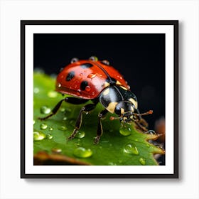 Ladybug On A Leaf With Water Drops Art Print