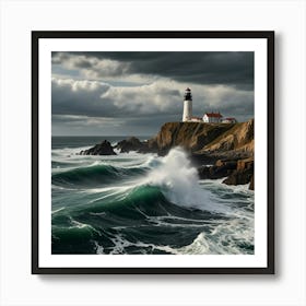 A Rugged Coastal Scene With Waves Crashing Against Dramatic Cliffs And A Lighthouse Standing Tall 2 Art Print