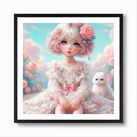 Little Girl With Pink Roses 1 Art Print