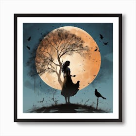 Shadow of the girl with the tree near the full moon Art Print