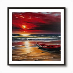 Red Boat At Sunset Art Print