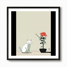 White Cat And A Flower Art Print