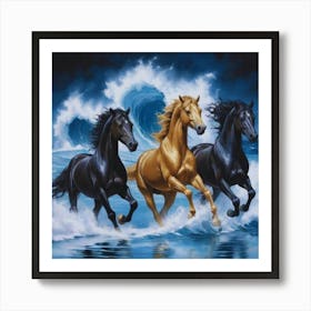 Three Lucky Horses Running In The Ocean Waves Art Print