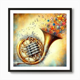 French Horn Painting With Flowers A Statement Piece For Music Rooms Art Print