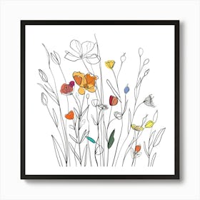 Hand Drawn Wildflowers Line Art 6 Art Print