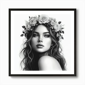 Portrait Of A Woman With Flower Crown Art Print