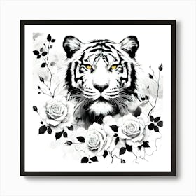 Tiger With Roses Art Print