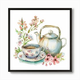 Cute Pastel Floral Watercolor Teapot And Tea Cup Art Print