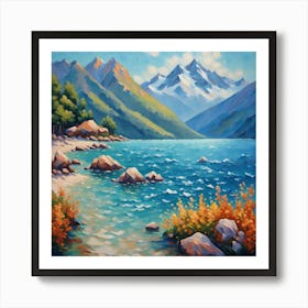 Tranquil Shores: Alpine Majesty Meets Azure Waters. Fine wall art . Art Print