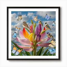 Colorful Flowers With Birds Art Print