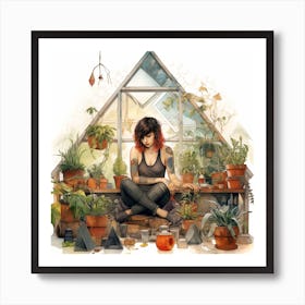 Tattooed Girl In A Greenhouse With Plants Watercolour Art Print