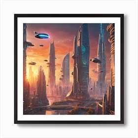 253496 Futuristic City With Towering Skyscrapers And Flyi Xl 1024 V1 0 Art Print