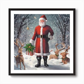 Santa Claus And Deer Art Print