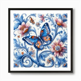 Antique Delft Tile Butterfly II Art Print