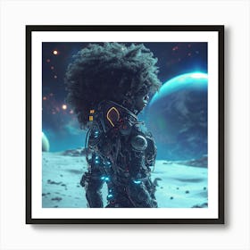 Myeera Cyberpunk Space Man With Huge Hair Standing On The Moon Art Print