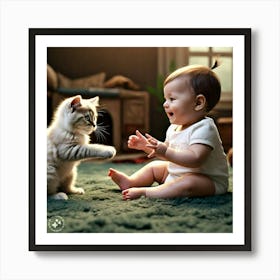 Baby Playing With Cat 1 Art Print