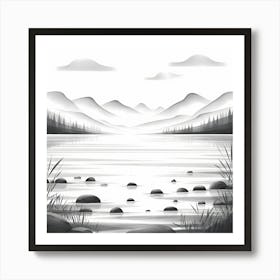 A Serene Charcoal of A Tranquil Lakeside With mountains Art Print