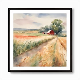 Red Barn In The Wheat Field Art Print