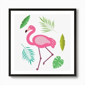 Pink Flamingo With Tropical Leaves Art Print