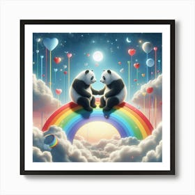 Panda Bears On Rainbow 2 Art Print