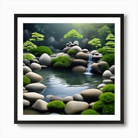 Japanese Garden, A Serene Zen Garden With Flowing Water And Rocks Symbolizing Tranquility And Equilibrium 1 Art Print