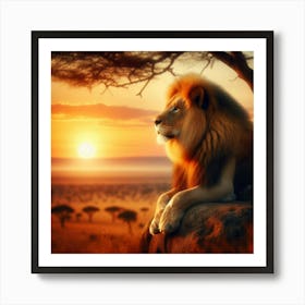 In the heart of the savanna, as the sun begins its fiery descent below the horizon, a majestic lion perches atop a weathered rock, surveying his kingdom with regal poise. His piercing gaze is a testament to his authority, while the golden hues of the sunset reflect off his tawny mane, igniting an aura of untamed power. The surrounding landscape, an endless expanse of amber grasslands dotted with acacia trees, whispers tales of his dominance and the pride that roams these vast plains. In this moment, as the world holds its breath, the lion embodies the raw essence of nature's sovereignty, a symbol of strength, resilience, and the untamed spirit that defines the African wilderness. Art Print